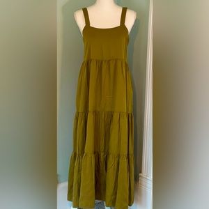 The Drop NWT Olive Britt Tiered Maxi Dress Loose Boho Adjustable Size S Pockets